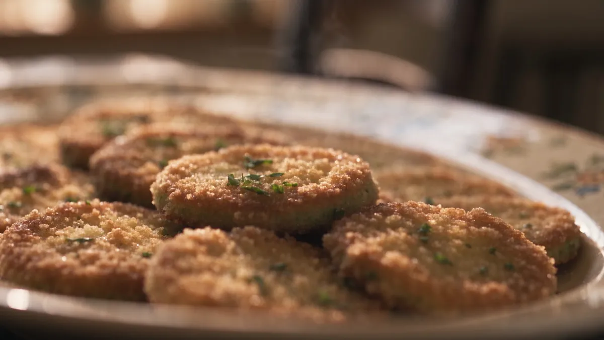 A platter of golden fried green tomato slices, breaded with Pecorino and parsley